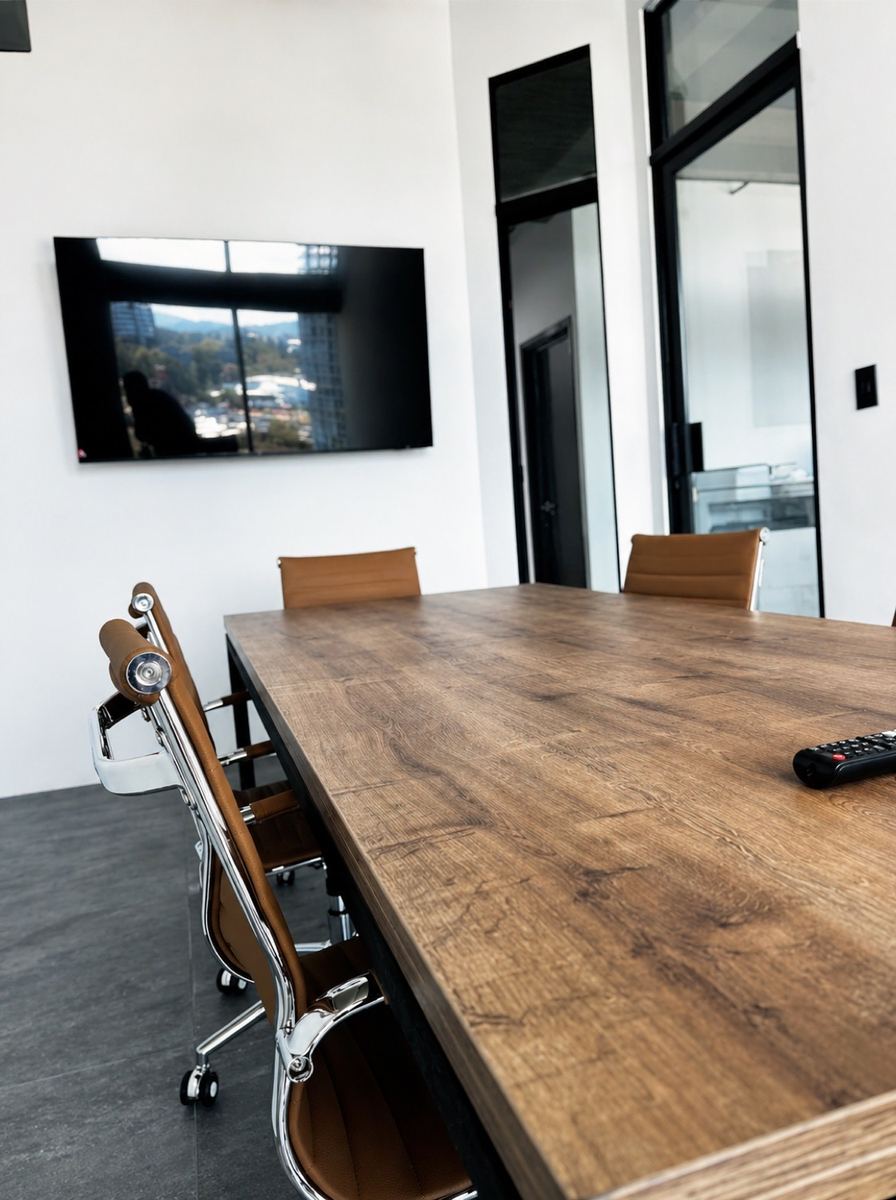 Sala de juntas de Asesoria Global en Zona 10, Ciudad de Guatemala — mesa de madera maciza, sillas ejecutivas de cuero, pantalla para videoconferencias y vista panorámica a la ciudad